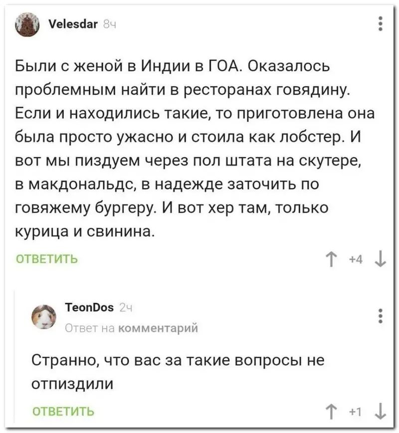 штанг Были женой в Индии в ГОА Оказалось проблемным найти в ресторанах говядину Если и находились такие то приготовлена она была просто ужасно и стоила как побстер И вот мы пиздуем через пол штата на скутере в макдональдс в надежде заточить по гоаяжгму бургеру И вот хер там только курица и свинина отвгтить Т 1 ТеппВві мщщми Странно что вас за такие вопросы не отпиздипи отвітить т 41