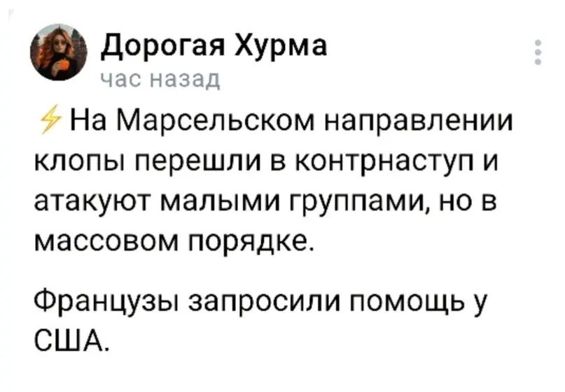 дорогая Хурма д На Марсельском направлении клопы перешли в контрнаступ и атакуют малыми группами но в массовом порядке Французы запросили помощь у США