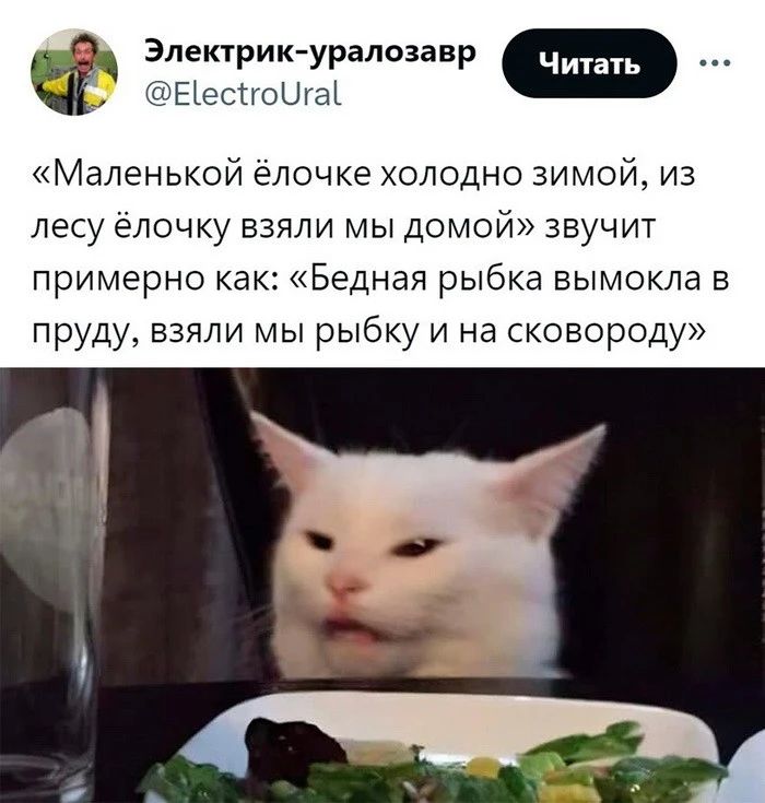 Электрик уралозавр ЕЪеСПОШаЪ Маленькой ёлочке холодно зимой из лесу елочку взяли мы домой звучит примерно как Бедная рыбка вымокла в пруду взяли мы рыбку и на сковороду