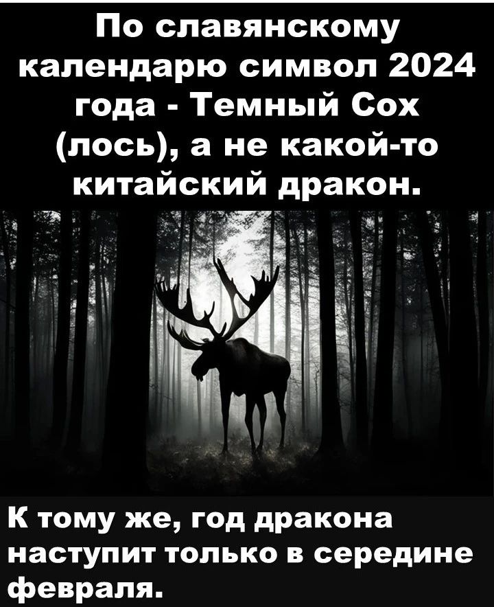 По славянскому календарю символ 2024 года Темный Сох лось а не какой то китайский дракон ги в _ У ж д К тому же год дракона наступит только в середине февраля