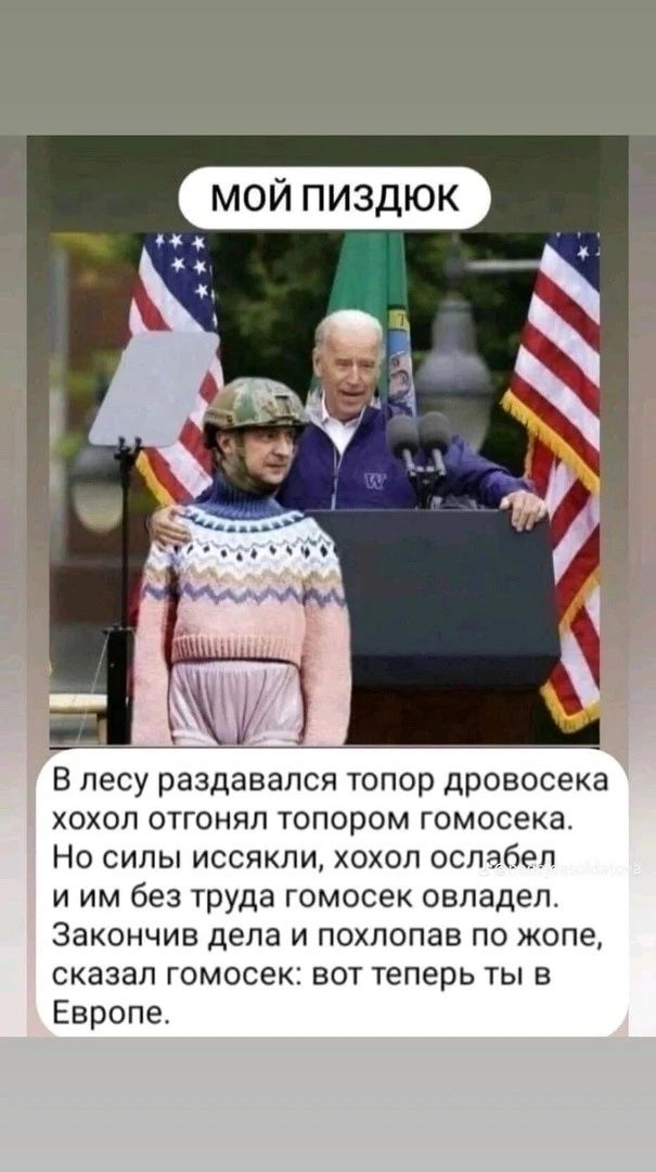 В лесу раздавался топор дровосека хохол отгонял топором гомосека Но сипы иссякли хохол оспабеп и им без труда гомосек овладел Закончив дела и похпопав по жопе сказал гомосек вот теперь ты в Европе