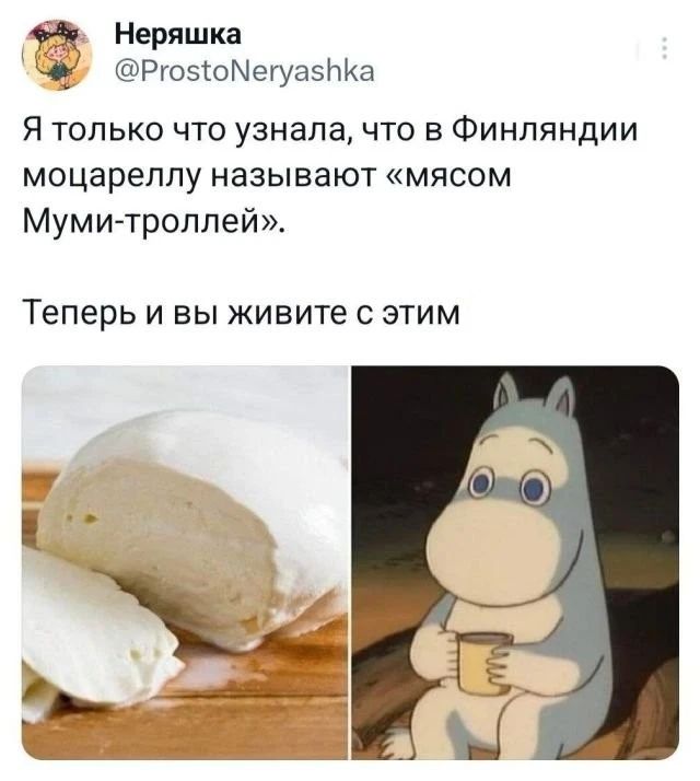 Я Неряшка О РгозоМегуаза Я только что узнала что в Финляндии моцареллу называют мясом Мумитроллей Теперь И ВЫ ЖИВИТЕ С ЭТИМ