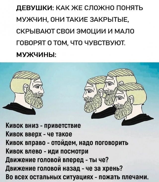 дЕВУШКИ КАК ЖЕ СЛОЖНО ПОНЯТЬ МУЖЧИН ОНИ ТАКИЕ ЗАКРЫТЫЕ СКРЫВАЮТ СВОИ ЭМОЦИИ И МАЛО ГОВОРЯТ О ТОМ ЧТО ЧУВСТБУЮТ МУЖЧИНЫ Кивок вниз приветствие Кивпх вверх не такое Кивок вправо отойдем надо поговорить Кивок впевп иди посмотри движение головой вперед ты че движение топовой назад на за хрень Во всех остальных ситуациях пожать плечами