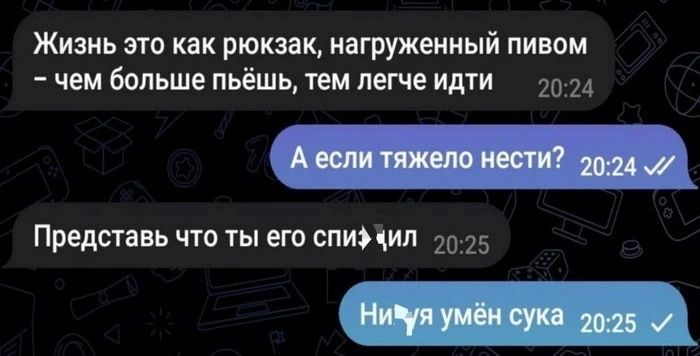 Жизнь это как рюкзак нагруженный пивом чем больше пьёшь тем легче идти вп Представь что ты его спи чил 20 35