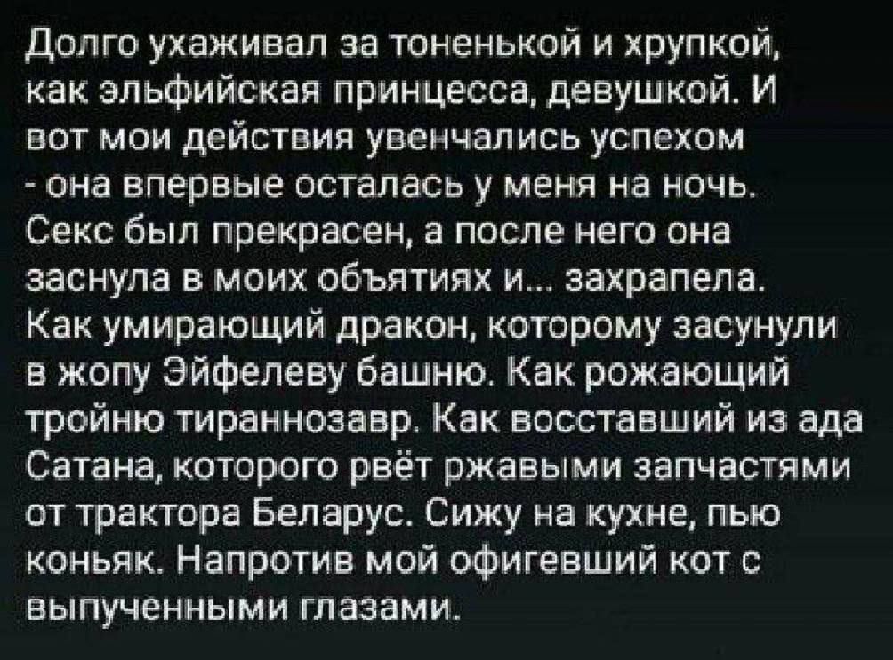 долго ухаживал за тоненькой и хрупкой как эльфийская принцесса девушкой И вот мои действия увенчались успехом она впервые осталась у меня на ночь Секс был прекрасен после него она заснула в моих объятиях и захрапепа Как умирающий дракон которому засунули в жопу Эйфелеву башню Как рожающий тройню тираинозавр Как восставший из ада Сатана которого рвёт ржавыми запчастями от татра Беларус Сижу на кухн