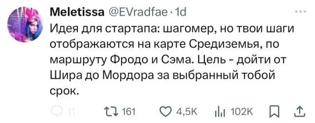 МееЧ5за Егасае 10 ъ Идея для стартапа шагомер но твои шаги отображаются на карте Средиземья по маршруту Фродо и Сэма Цель дойти от Шира до Мордора за выбранный тобой срок 13161 Юа5к ож