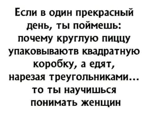 Если в один прекрасный день ты поймешь почему круглую пиццу упаковываютв квадратную коробку а едят нарезая треугольниками то ты научишься понимать женщин