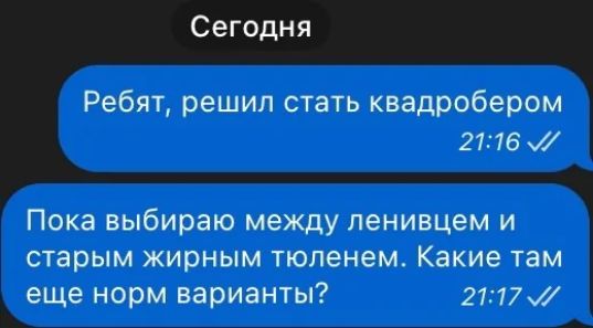 Сегодня Ребят решил стать квадробером 2116 Пока выбираю между ленивцем и старым жирным тюленем Какие там еще норм варианты 2117