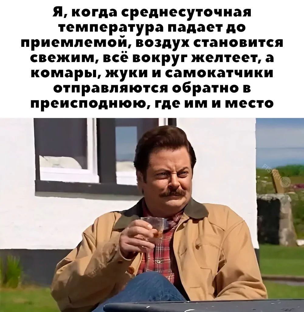 Я когда среднесуточная температура падает до приемлемой воздух становится свежим всё вокруг желтеет а комары жуки и самокатчики отправляются обратно в преисподнюю где им и место