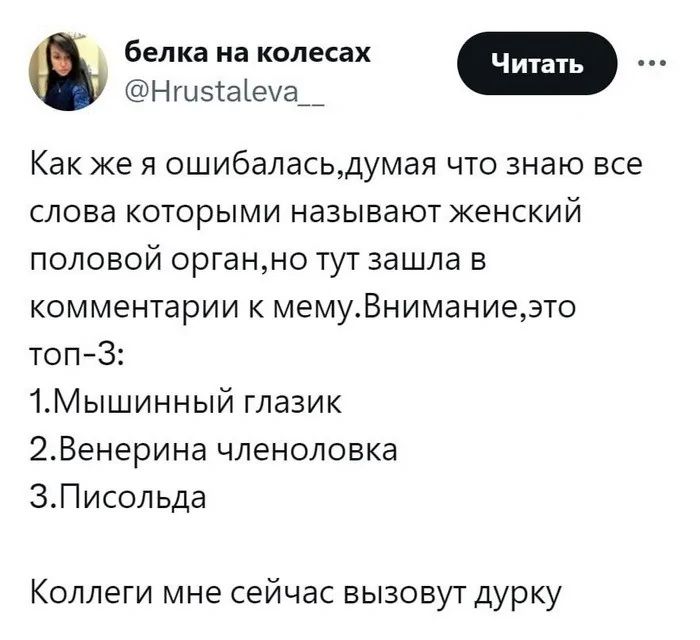 белка на колесах т Нгизаема__ Как же я ошибаласьдумая что знаю все слова которыми называют женский половой органно тут зашла в комментарии к мемуВниманиеэто топ 3 1Мышинный глазик 2Венерина членоловка 3Писольда Коллеги мне сейчас вызовут дурку