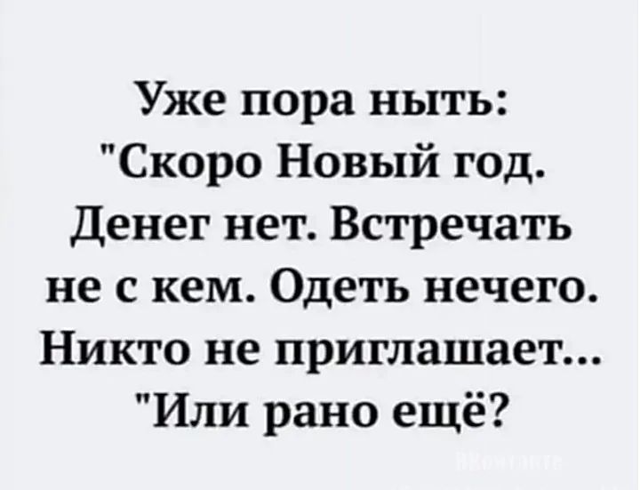 Уже пора ныть Скоро Новый год Денег нет Встречать не с кем Одеть нечего Никто не приглашает Или рано ещё