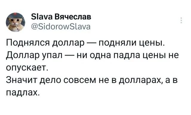 Б1ама Вячеслав йогомб ауа Поднялся доллар подняли цены Доллар упал ни одна падла цены не опускает Значит дело совсем не в долларах а в падлах