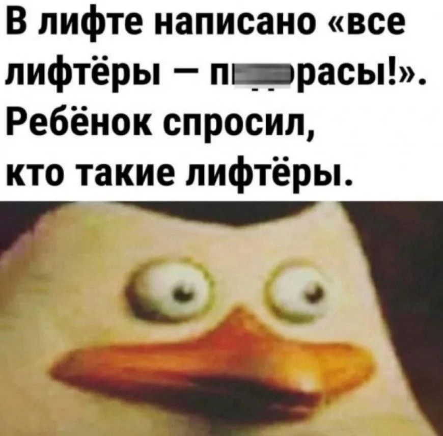 В лифте написано «все лифтьёры — п****расы!». Ребёнок спросил, кто такие лифтьёры.