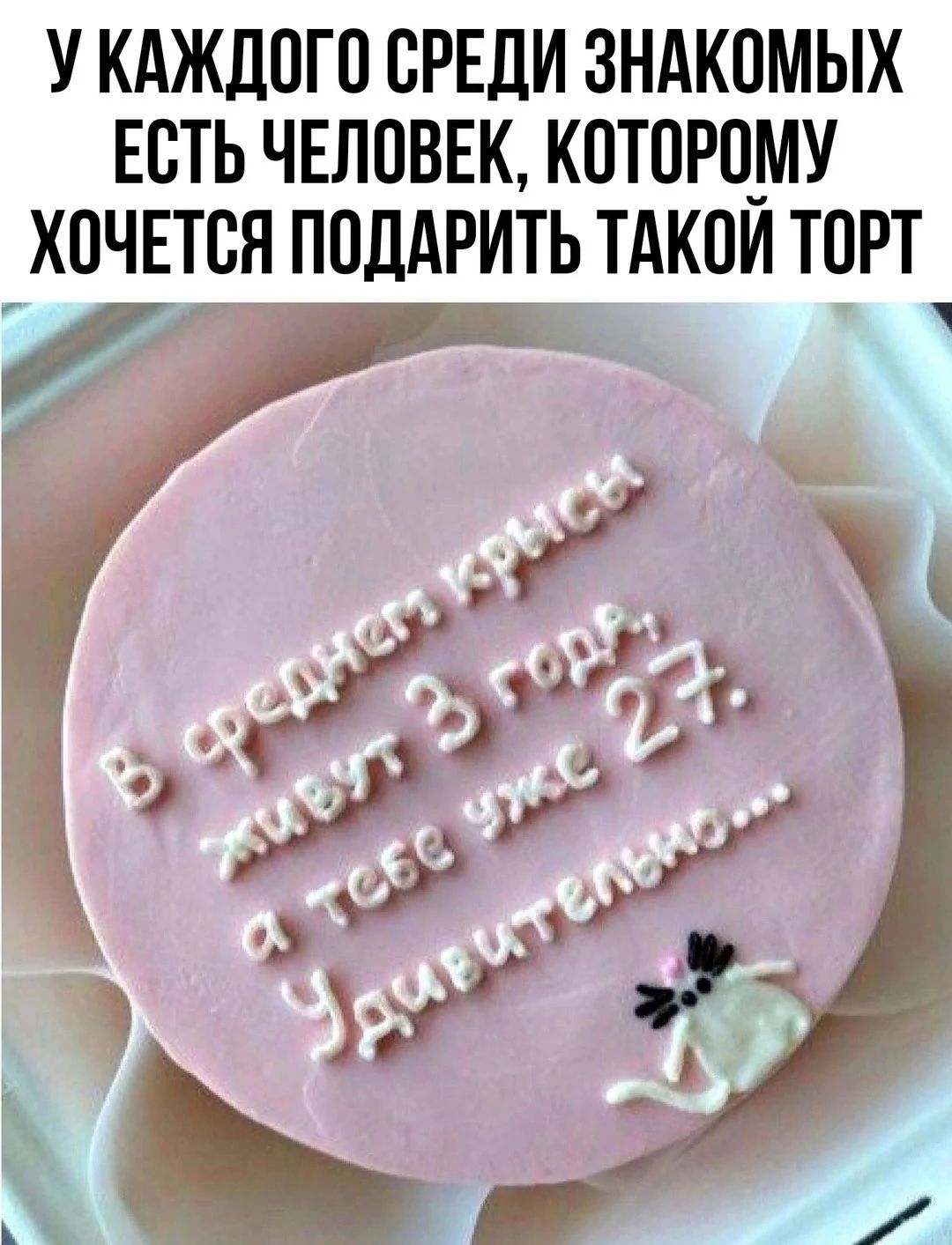 У каждого среди знакомых есть человек, которому хочется подарить такой торт. В среднем крысы живут 3 года, а тебе уже 27. Удивительно…