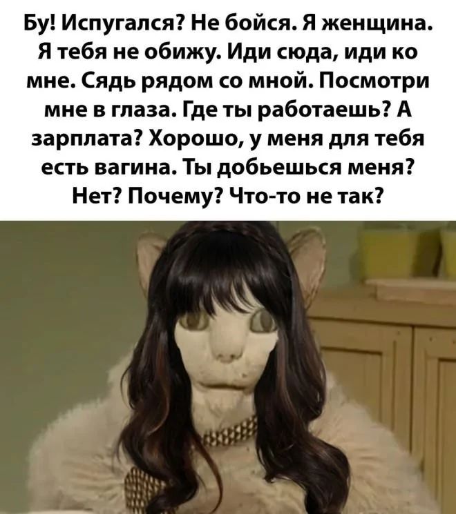 Бу! Испугался? Не бойся. Я женщина. Я тебя не обижу. Иди сюда, иди ко мне. Сядь рядом со мной. Посмотри мне в глаза. Где ты работаешь? А зарплата? Хорошо, у меня для тебя есть вагина. Ты добьёшься меня? Нет? Почему? Что-то не так?