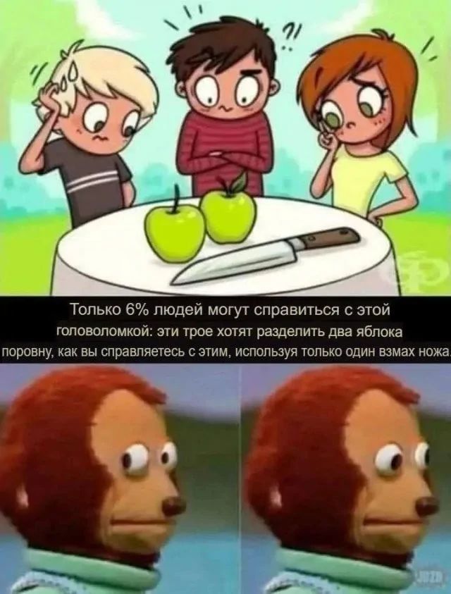 Только 6% людей могут справиться с этой головоломкой: эти трое хотят разделить два яблока поровну, как вы справляетесь с этим, используя только один взмах ножа.