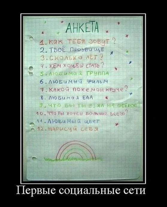 АНКЕТА
1. Как тебя зовут?
2. ТВОЕ ПРОЖИЩЕ
3. Сколько лет?
4. Кем хочешь стать?
5. Любимая группа
6. Любимый фильм
7. Какой покемон круче?
8. Любимая еда
9. Что бы ты взял на остров?
10. Любимый цвет
11. Нарисуй себя

Первые социальные сети
