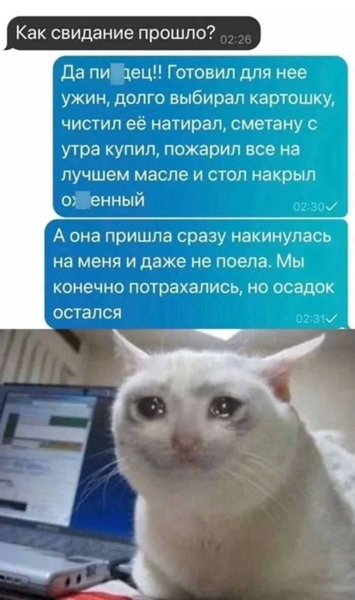 Как свидание прошло? Да пипец!! Готовил для нее ужин, долго выбирал картошку, чистил её натирал, сметану с утра купил, пожарил все на лучшем масле и стол накрыл о**нный. А она пришла сразу накинулась на меня и даже не поела. Мы конечно потрахались, но осадок остался.