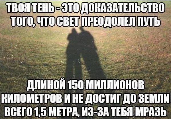ТВОЯ ТЕНЬ - ЭТО ДОКАЗАТЕЛЬСТВО ТОГО, ЧТО СВЕТ ПРЕОДОЛЕЛ ПУТЬ ДЛИНОЙ 150 МИЛЛИОНОВ КИЛОМЕТРОВ И НЕ ДОСЯГАЕТ ДО ЗЕМЛИ ВСЕГО 1,5 МЕТРА, ИЗ-ЗА ТЕБЯ МРАЗЬ