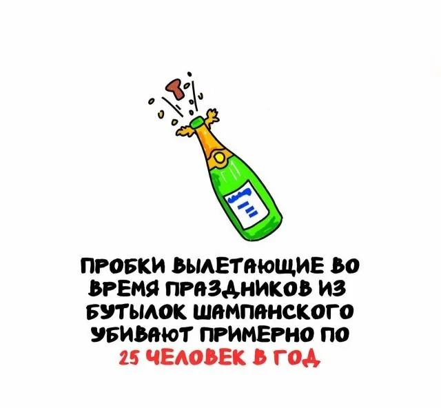 Пробки вылетающие во время праздников из бутылок шампанского убивают примерно по 25 человек в год