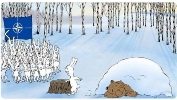Политическая карикатура: армия белых зайцев у норы, слева флаг НАТО
