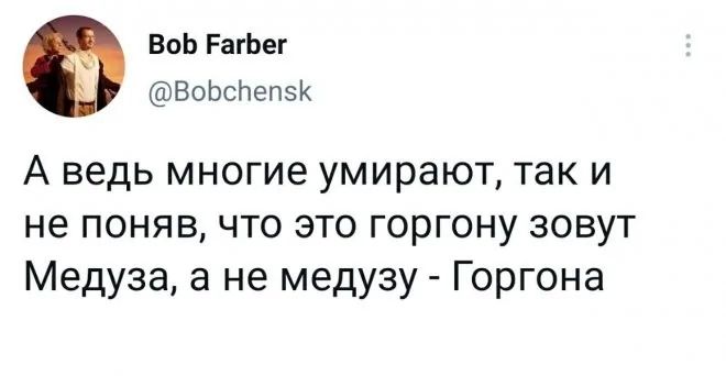 А ведь многие умирают, так и не понял, что это горгону зовут Медуза, а не медузу - Горгона