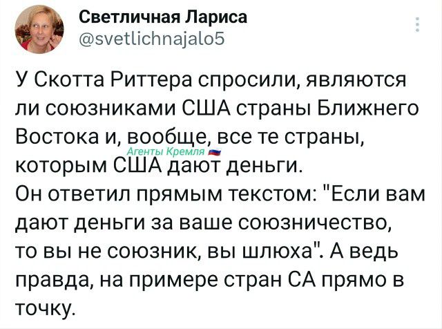 У Скота Риттера спросили, являются ли союзниками США страны Ближнего Востока и, вообщем, все те страны, которым США дают деньги. Он ответил: 'Если вам дают деньги за ваше союзничество, то вы не союзник, вы шлюха'. А ведь правда, на примере стран США прямо в точку.