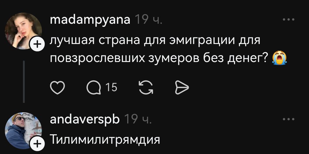 madampyana: лучшая страна для эмиграции для повзрослевших зумеров без денег? 😢
andaverspb: Тилиммилтрямдия