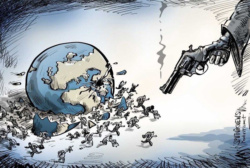 Мир бегит от пистолета, который держит большая рука с оружием; карикатурная политическая сатира о угрозе насилия и войны.