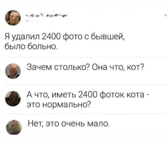Я удалил 2400 фото с бывшей, было больно.
Зачем столько? Она что, кот?
А что, иметь 2400 фоток кота - это нормально?
Нет, это очень мало.