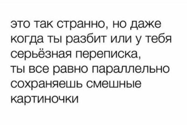 это так странно, но даже когда ты разбит или у тебя серьёзная переписка, ты все равно параллельно сохраняешь смешные картиночки