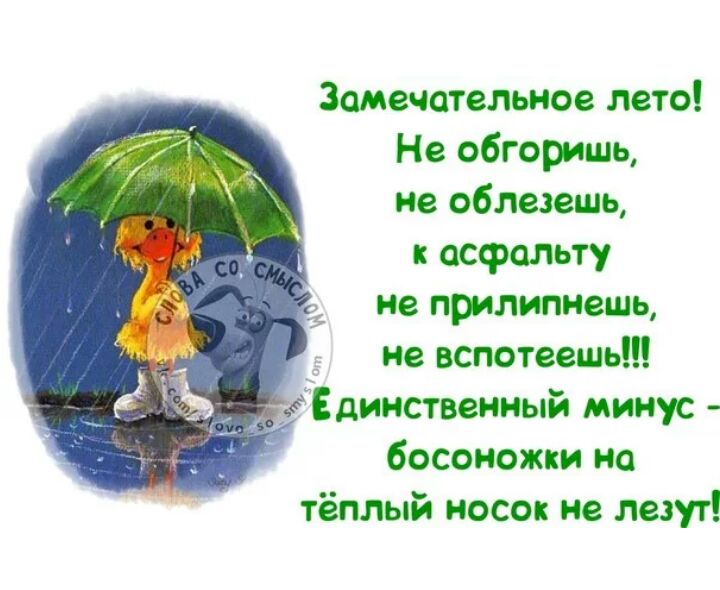 Замечательное лето Не обгоришь не облезешь асфальту не прилипнешь не вспотеешь Единственный минус босоножки на тёплый носок не лезут