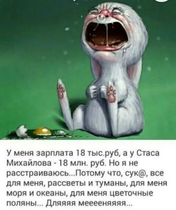 У меня зарплата 18 тысруб а у Стаса Михайлова 18 млн руб Но я не расстраиваюсьПотому что сук все для меня рассветы и туманы для меня моря и океаны для меня цветочные поляны дляяяя мееееняяяя