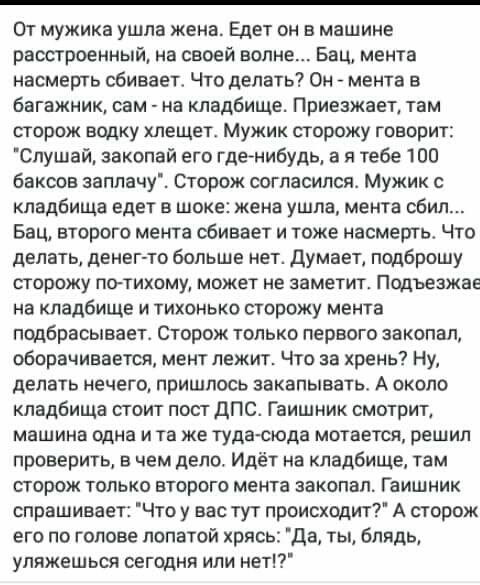 От мужика ушла жена Едет он в машине расстроенный на своей волне Бац мента насмерть сбивает Что делать Он мента в багажник сам на кладбище Приезжает там сторож водку хлещет Мужик сторожу говорит Слушай закопай его гденибудь в я тебе 100 баксов заппачу Сторож согласилсяо Мужик с кладбища едет в шоке жена ушла мента сбил Бац второго мента сбивает и тоже насмерть Что делать денег то больше нет Думает