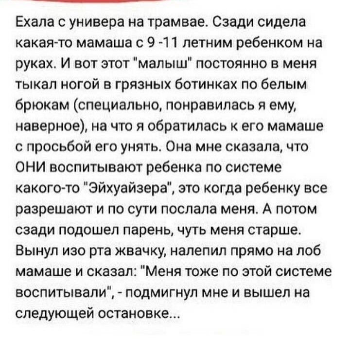 Ехала с универа на трамвае Сзади сидела какая то мамаша с 9 11 летним ребенком на руках И вот этот малыш постоянно в меня тыкал ногой в грязных ботинках по белым брюкам специально понравилась я ему наверное на что я обратилась к его мамаше с просьбой его унять Она мне сказала что ОНИ воспитывают ребенка по системе какого то Эйхуайзера это когда ребенку все разрешают и по сути послала меня А потом 