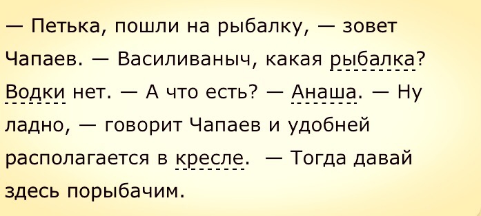 Петька пошли на рыбалку зовет Чапаев Василиваныч какая дыёадка _В_9_дки_ нет А что есть _А_ _а_ь_1_а Ну ладно говорит Чапаев и удобней располагается в 9939 Тогда давай здесь поры бачим