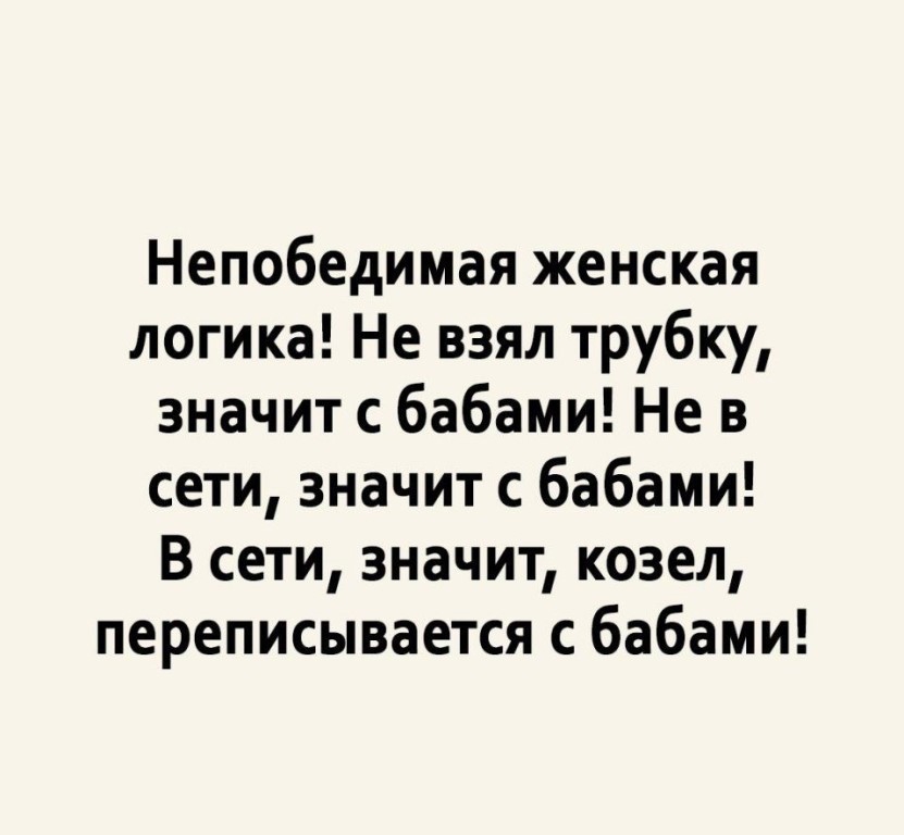 Непобедимая женская логика Не взял трубку значит с бабами Не в сети значит с бабами В сети значит козел переписывается с бабами