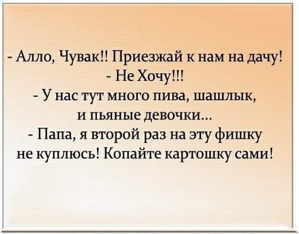 Алло ЧувакП Приезжай к нам на дачу Не Хочу У нас тут много пива шашлык и пьяные девочки Папа я второй раз на эту фишку не куплюсь Копайте картошку сами