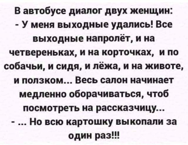В автобусе диалог двух женщин У меня выходные удались Все выходные напролёт и на четвереньках и на корточках и по собачьи и сидя и лёжа и на животе и попзком Весь салон начинает медленно оборачиваться чтоб посмотреть на рассказчицу Но всю картошку выкопали за один раз