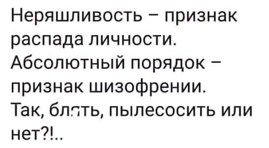 Неряшливость признак распада личности Абсолютный порядок признак шизофрении Так блять пылесосить или нет