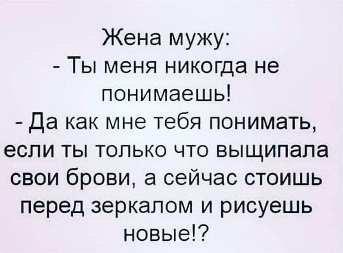Жена мужу Ты меня никогда не понимаешь Да как мне тебя понимать если ты только что выщипапа свои брови а сейчас стоишь перед зеркалом и рисуешь новые
