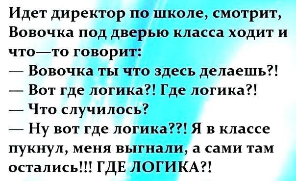 Идет директор по школе смотрит Вовочка под дверью класса ходит и чтото говорит Вовочка ты что здесь делаешь Вот где логика Где логика Что случилось Ну вот где логика Я в классе пукнул меня выгнали а сами там остались ГДЕ ЛОГИКА