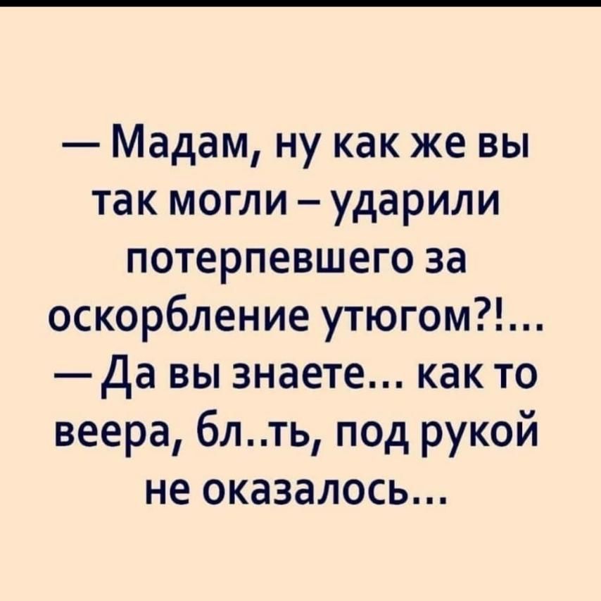 Мадам ну как же вы так могли ударили потерпевшего за оскорбление утюгом Да вы знаете както веера 6лть под рукой не оказалось