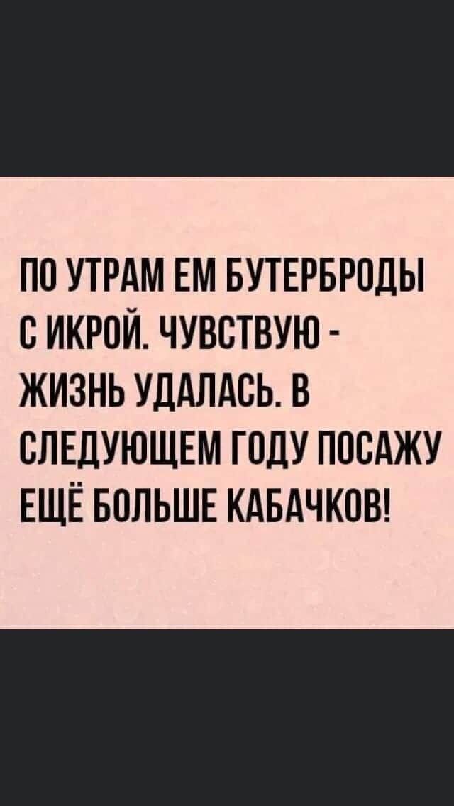 ПО УТРАМ ЕМ БУТЕРБРПДЫ С ИКРОЙ ЧУВСТВУЮ ЖИЗНЬ УДдЛдСЬ В СЛЕДУЮЩЕМ ГОДУ ПОСАЖУ ЕЩЁ БОЛЬШЕ КАБАЧКОВ