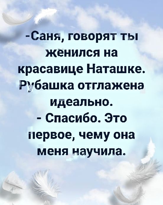 Саня говорят ты женился на красавице Наташке Рубашка отглажена идеально Спасибо Это первое чему она меня научила