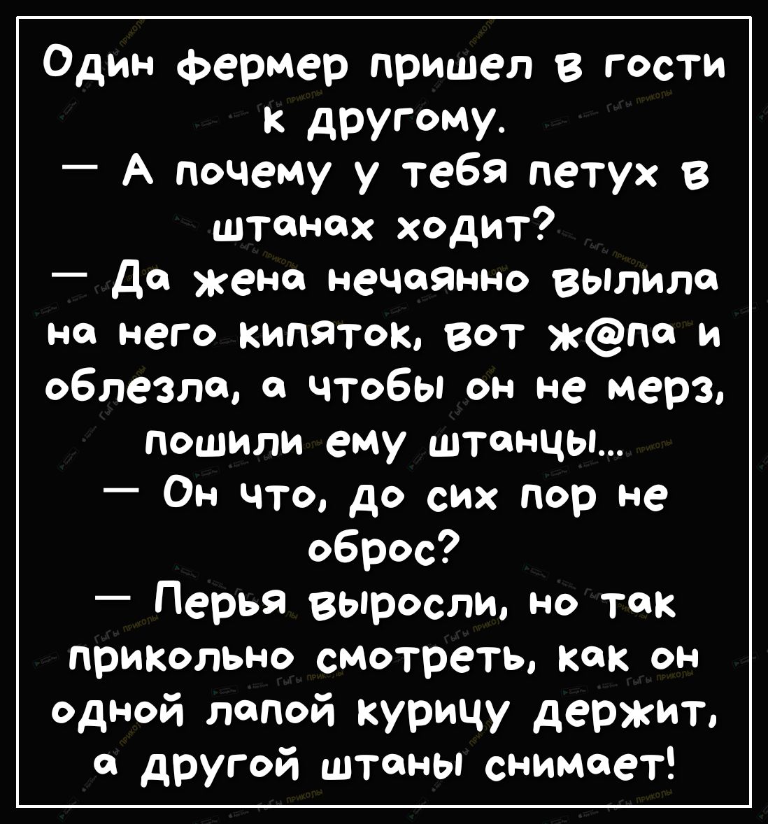 Один фермер пришел в гости к другому А почему у тебя петух в штанах ходит До жена нечаянно выпила на него кипяток вот жпи и облезла чтобы он не мерз пошили ему штенцы Он что до сих пор не оброс Перья выросли но так приКольно смотреть как он одной лапой курицу держит другой штаны снимает