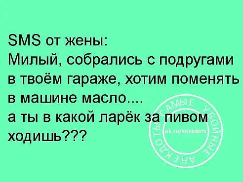 ЗМЗ от жены Милый собрались с подругами в твоём гараже хотим поменять в машине масло а ты в какой парёк за пивом ходишь