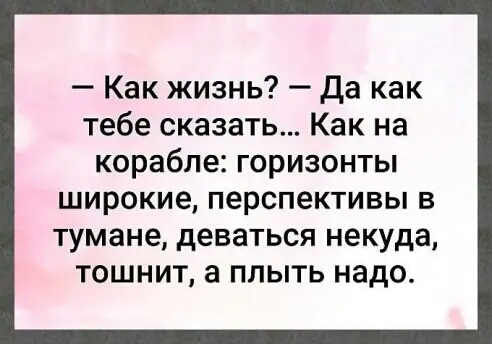 Как жизнь Да как тебе сказать Как на корабле горизонты широкие перспективы в тумане деваться некуда тошнит а плыть надо