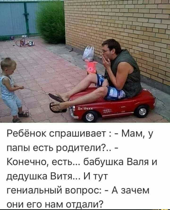 Ребёнок спрашивает Мам у папы есть родители Конечно есть бабушка Валя и дедушка Витя И тут гениальный вопрос А зачем они его нам отдали
