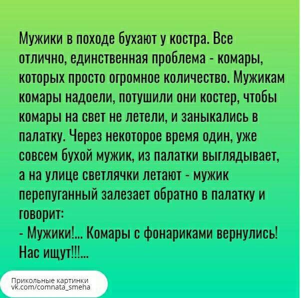 Мужики в походе бухают у костра Все отлично единственная проблема комары которых просто огромное количество Мужикам комары надоели потушили они костер чтобы комары на свет не летели и заныкались в палатку Через некоторое время один уже совсем бухой мужик из палатки выглядывает а на улице снетлячки летают мужик перепуганный залезает обратно в палатку и говорит Мужики Комары фонариками вернулись Нас